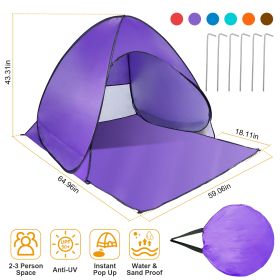 Pop Up Beach Tent Sun Shade Shelter Anti-UV Automatic Waterproof Tent Canopy for 2/3 Man w/ Net Window Storage Bag for Outdoor Beach Camping Fishing P (Option: Purple)